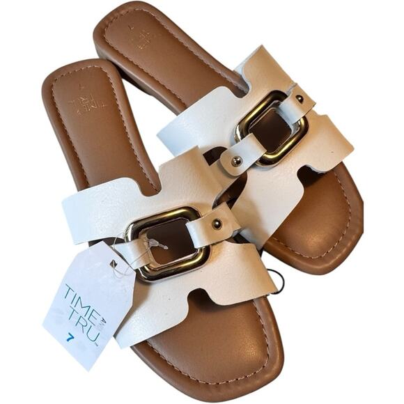 Time and Tru Women's White Slide Sandals With Gold Details Sz 7 NWT - Picture 1 of 9